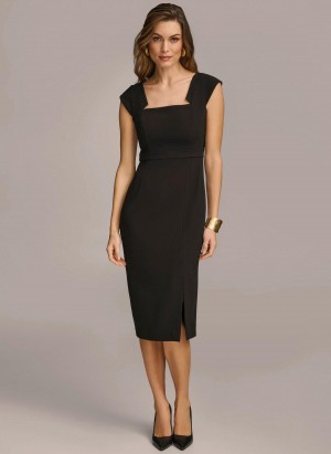 Donna Karan Cap Sleeve Square Neck Sheath With Slit Dress Black | UAE_DK25166