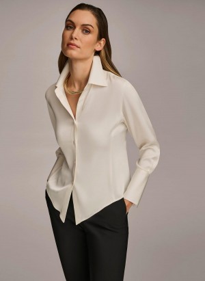 Donna Karan Collared Button Down Blouse Sweaters and Tops Cream | UAE_DK70687