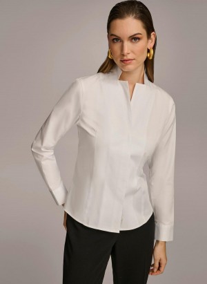 Donna Karan Cotton Notch Collar Button Down Sweaters and Tops White | UAE_DK81293