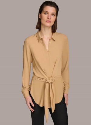 Donna Karan Long Sleeve High-low With Tie At Waist Sweaters and Tops Gold | UAE_DK55581