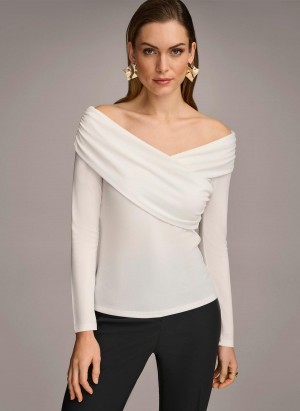 Donna Karan Off Shoulder Wrap Sweaters and Tops Cream | UAE_DK13463