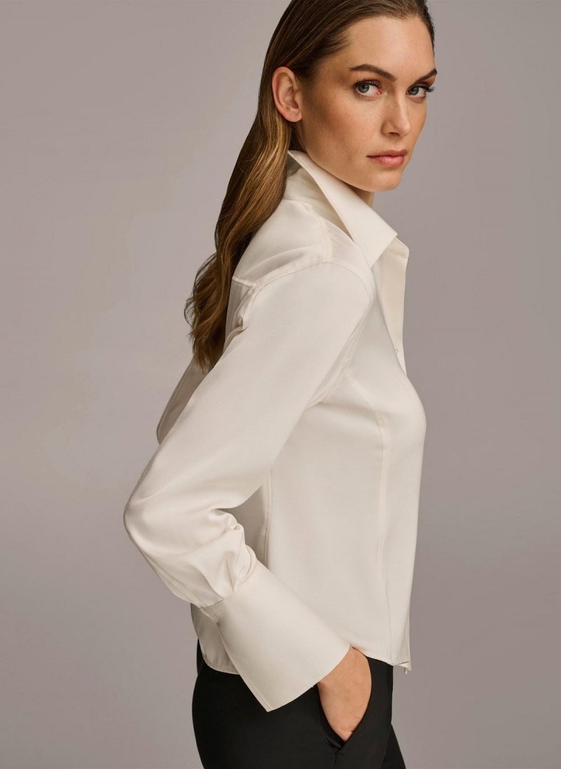 Donna Karan Collared Button Down Blouse Sweaters and Tops Cream | UAE_DK70687