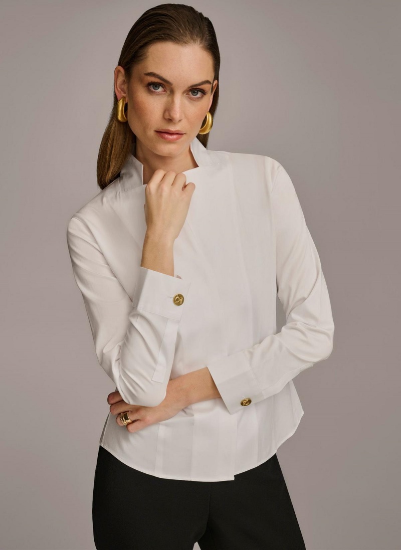 Donna Karan Cotton Notch Collar Button Down Sweaters and Tops White | UAE_DK81293