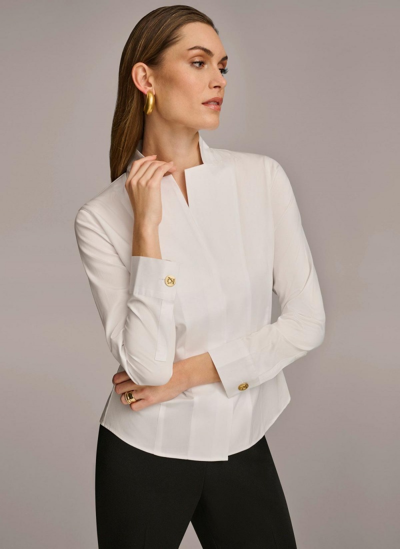 Donna Karan Cotton Notch Collar Button Down Sweaters and Tops White | UAE_DK81293