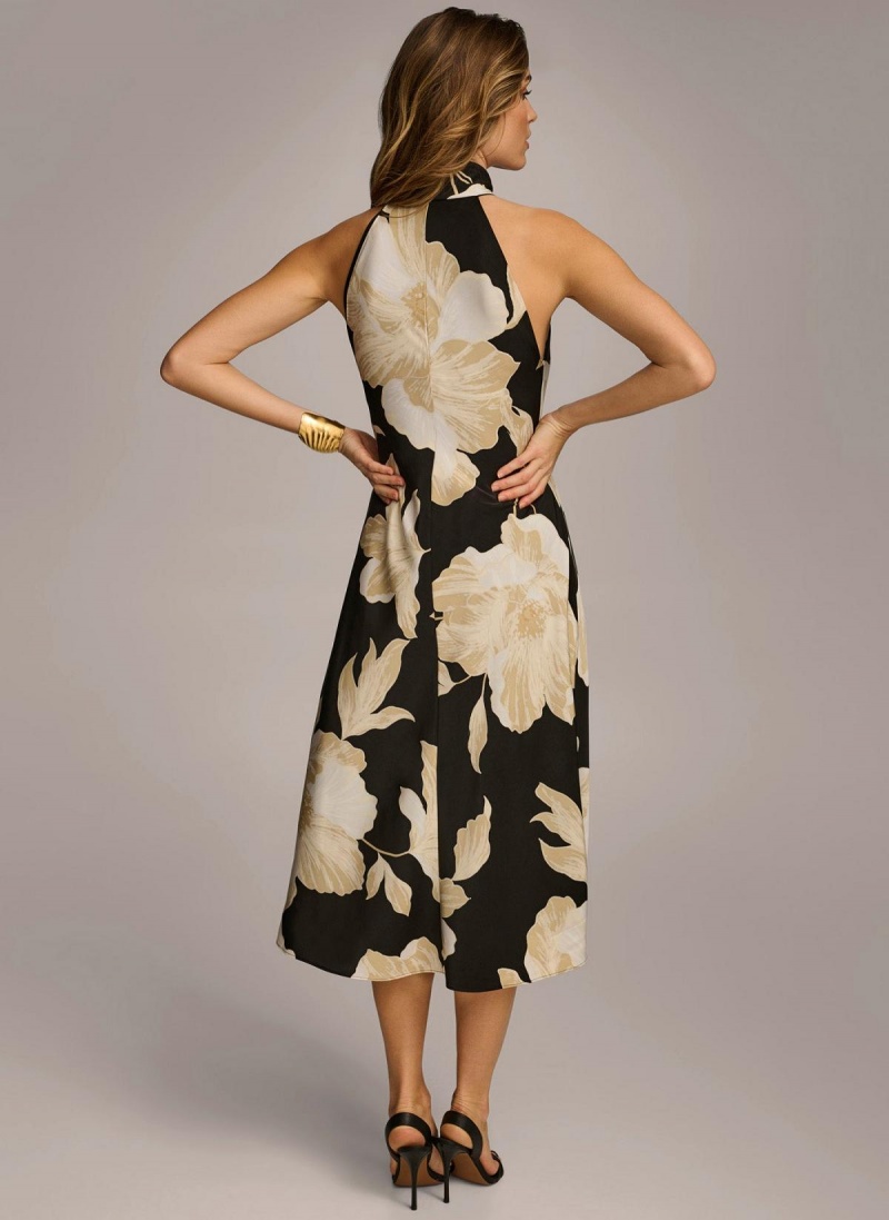 Donna Karan Halter Floral Print Midi Dress Black / Cream | UAE_DK31980