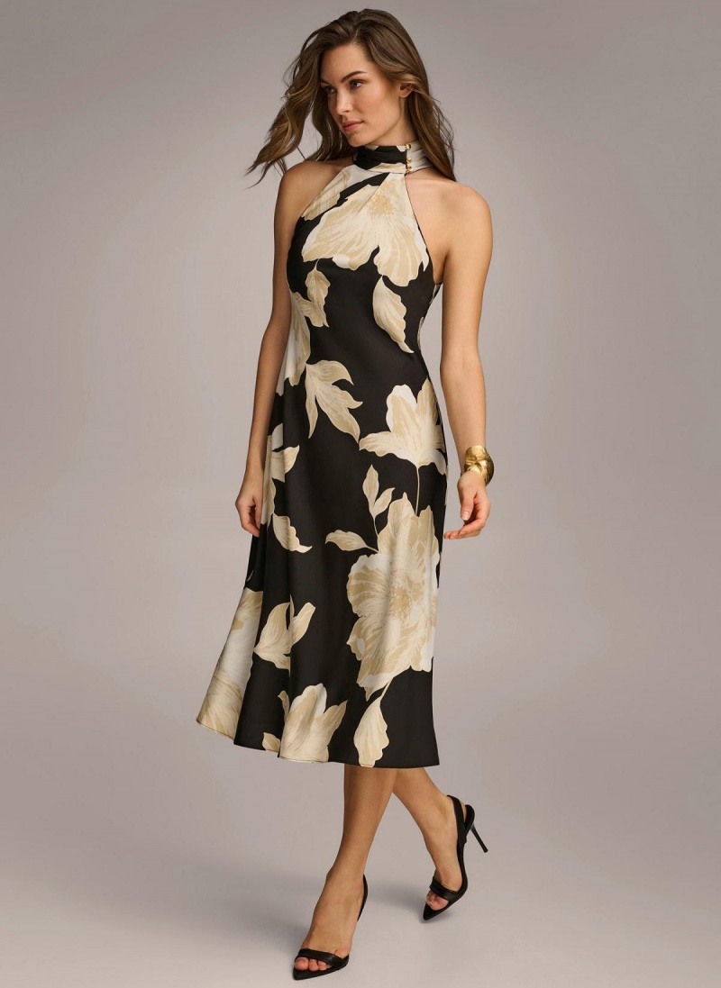 Donna Karan Halter Floral Print Midi Dress Black / Cream | UAE_DK31980