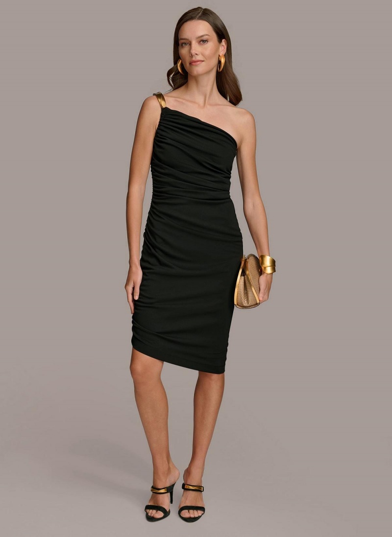 Donna Karan One Shoulder Ruched Dress Black | UAE_DK31344