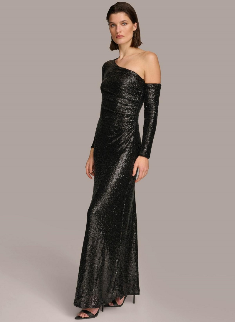 Donna Karan One Shoulder Sequin Dress Black | UAE_DK86301