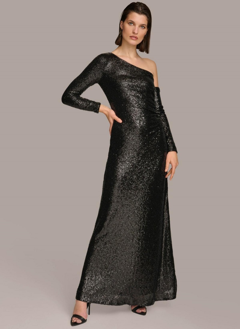 Donna Karan One Shoulder Sequin Dress Black | UAE_DK86301