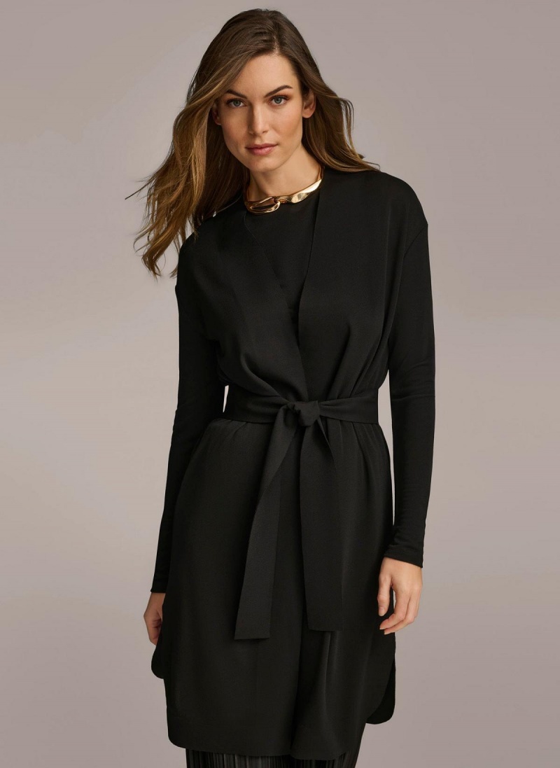 Donna Karan Tie Waist Cardigan Sweaters and Tops Black | UAE_DK85665