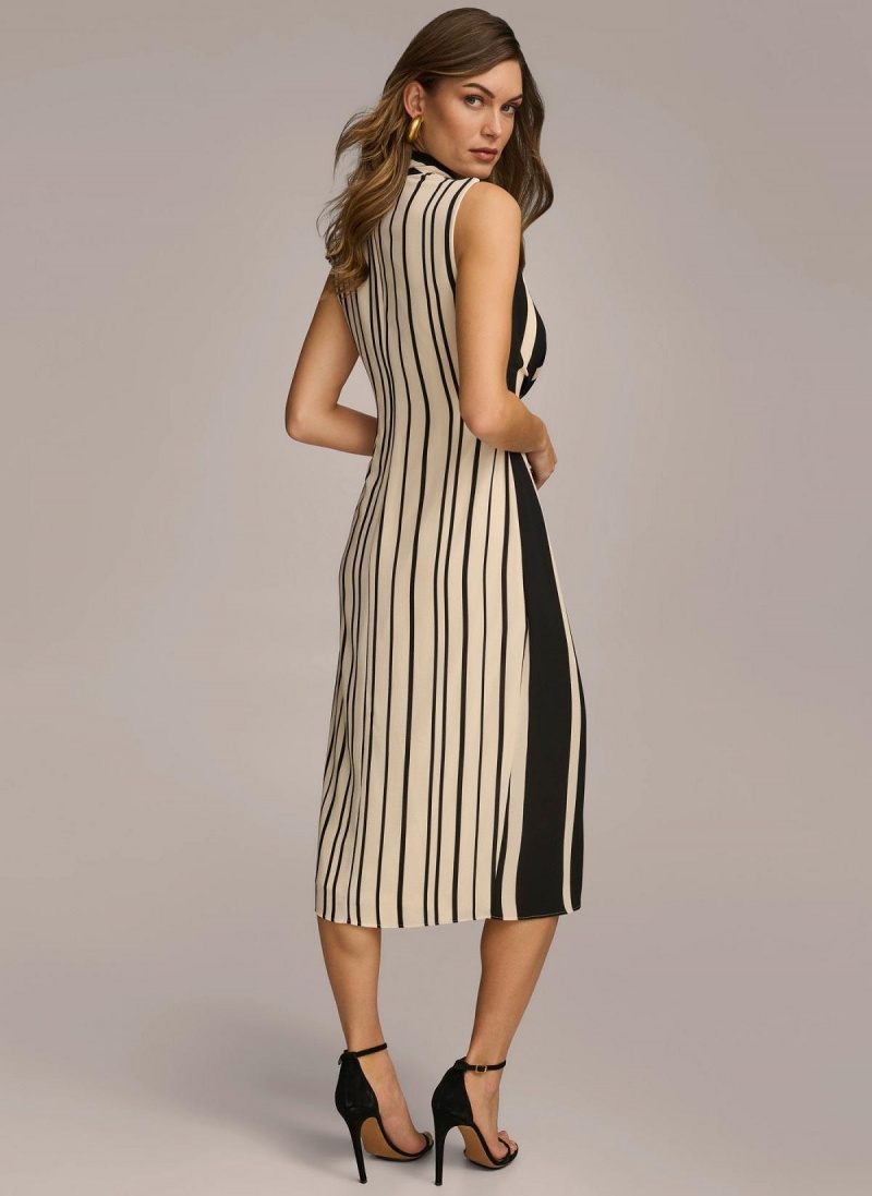 Donna Karan V Neck Striped Midi Dress Black | UAE_DK16163