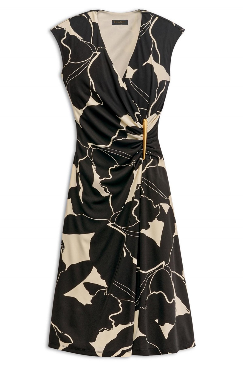 Donna Karan Vneck Midi Dress Black / Cream | UAE_DK67122