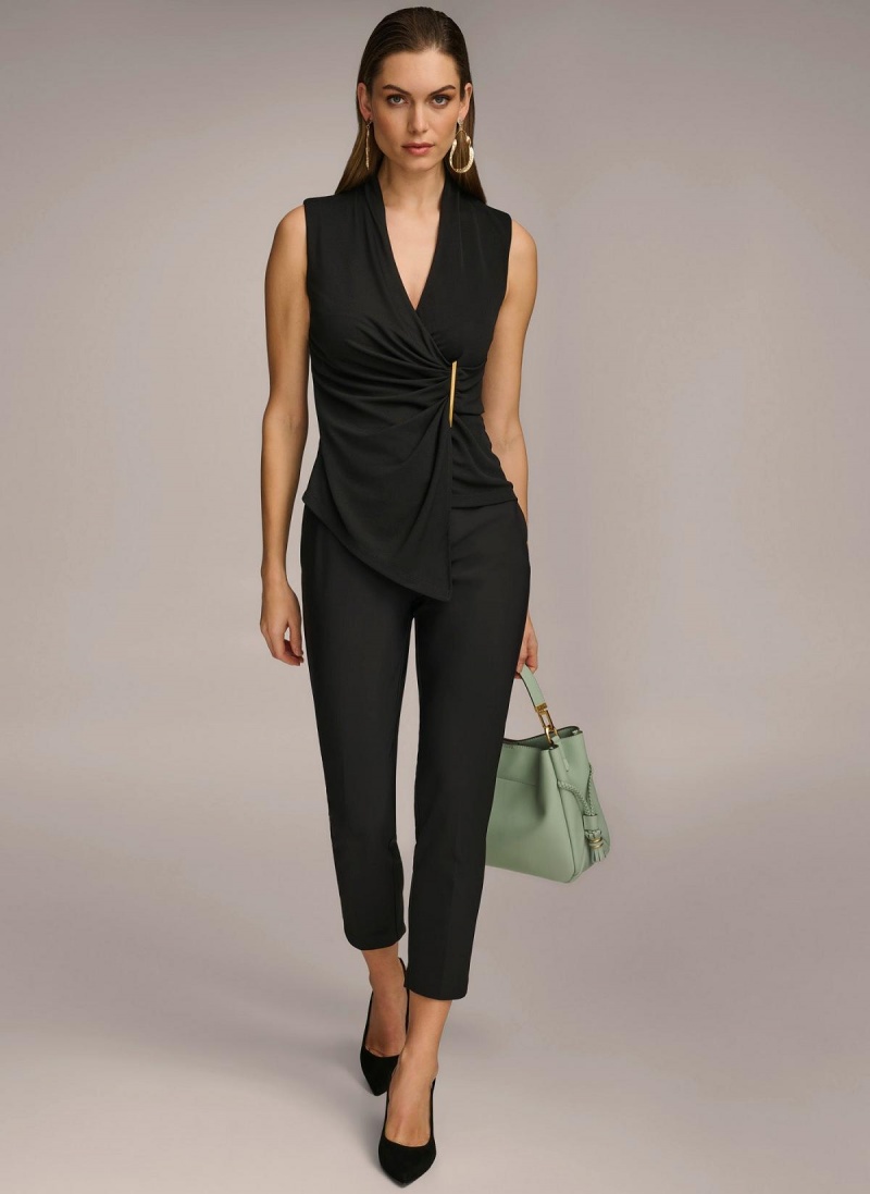 Donna Karan V-neck With Hardware And Ruched Detail Sweaters and Tops Black | UAE_DK54845